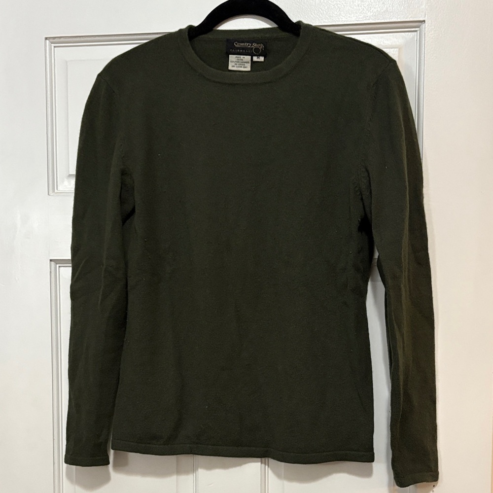 Country Shop Women’s 100% Cashmere Crew Neck Sweater – Green, Size Medium